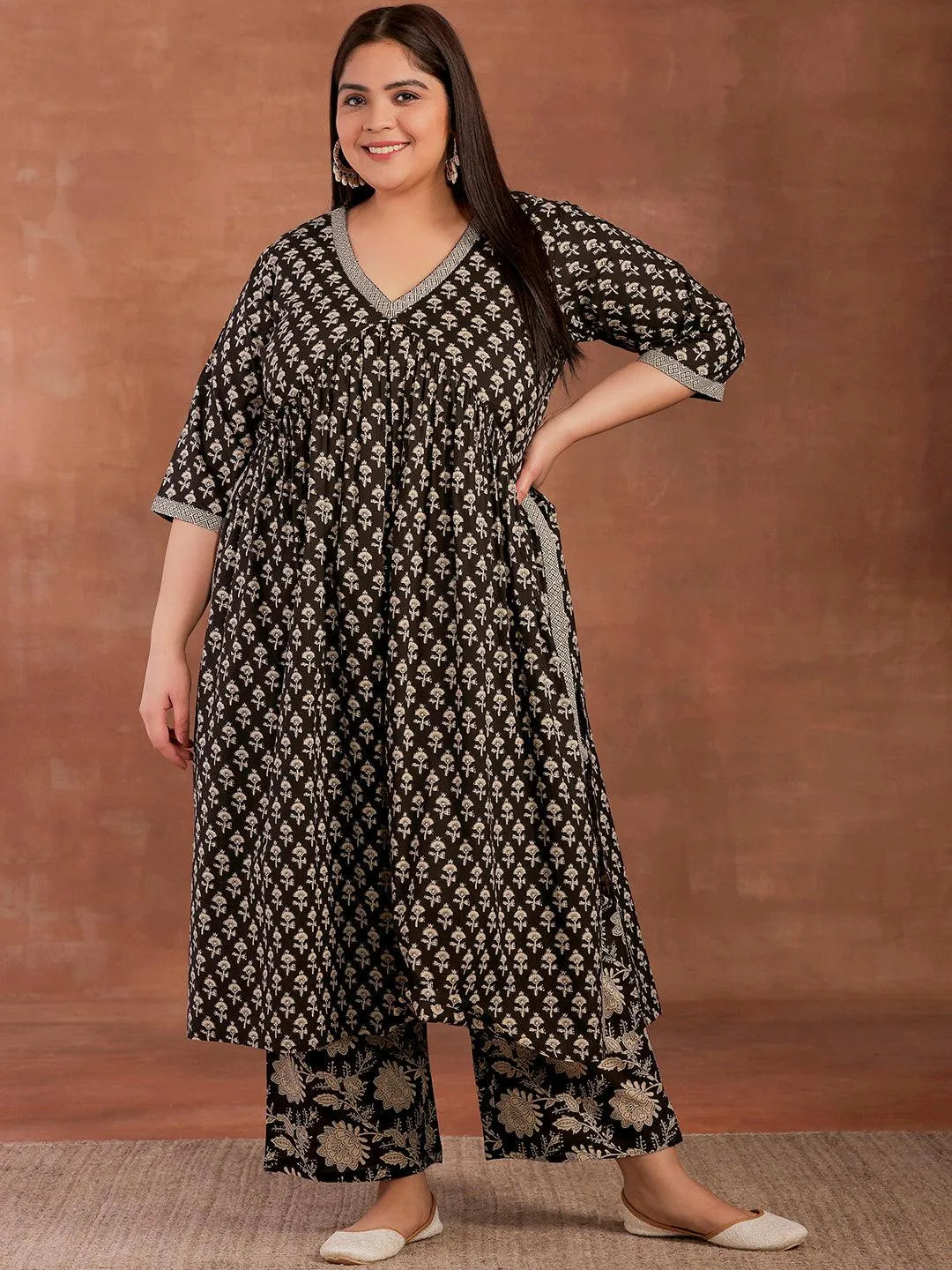 Plus Size Black Printed Cotton A-Line Kurta With Palazzos - Libas 