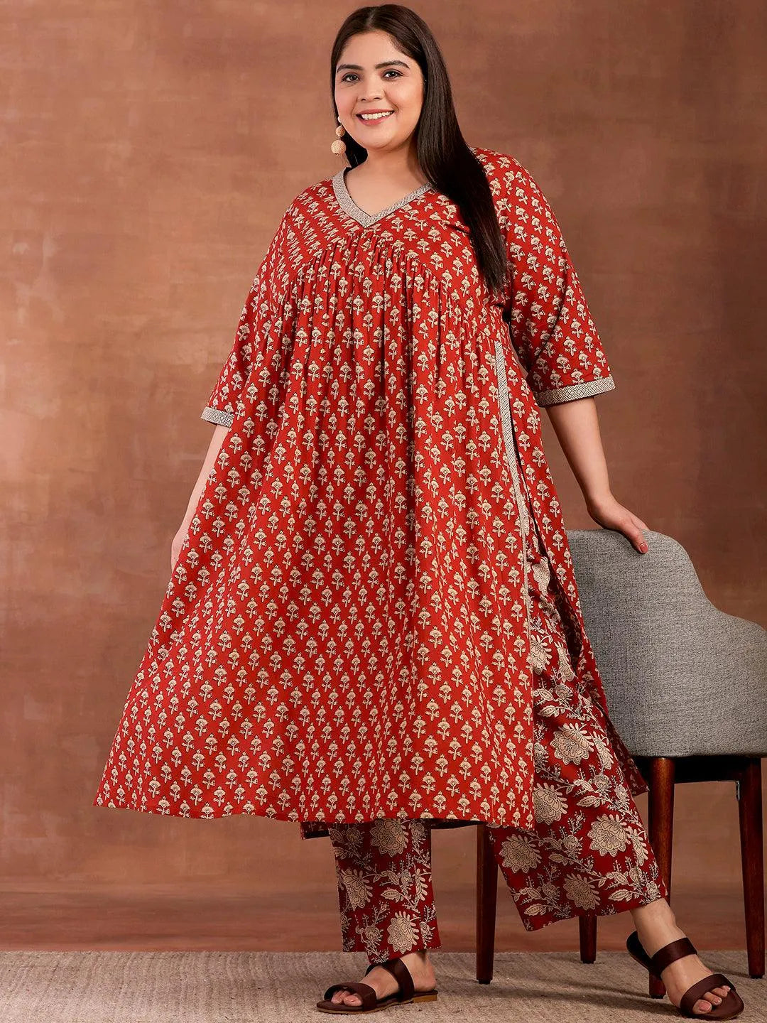 Plus Size Rust Printed Cotton A-Line Kurta With Palazzos - Libas