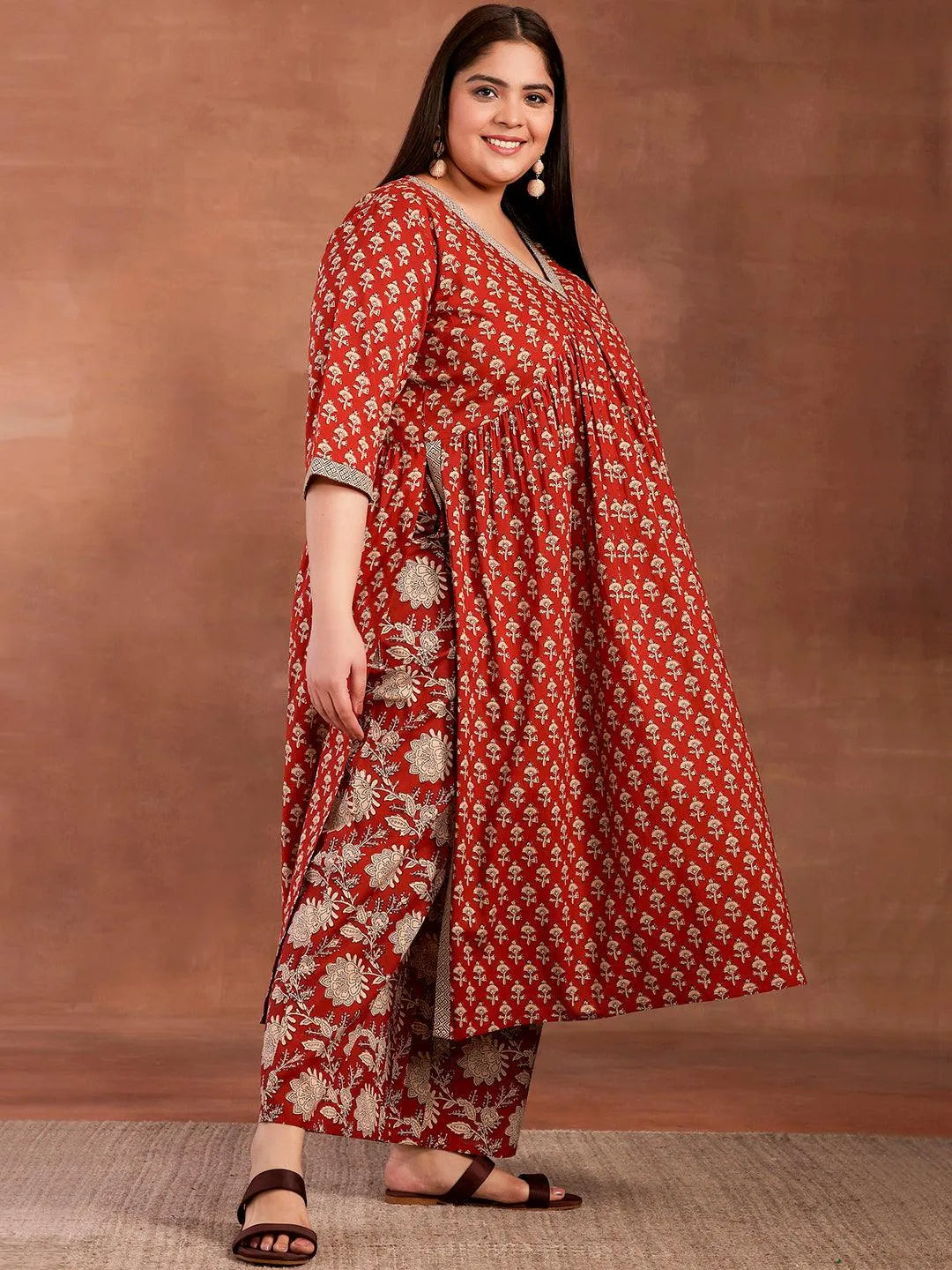 Plus Size Rust Printed Cotton A-Line Kurta With Palazzos - Libas 