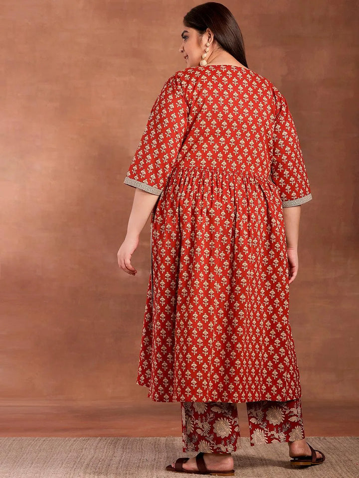 Plus Size Rust Printed Cotton A-Line Kurta With Palazzos - Libas