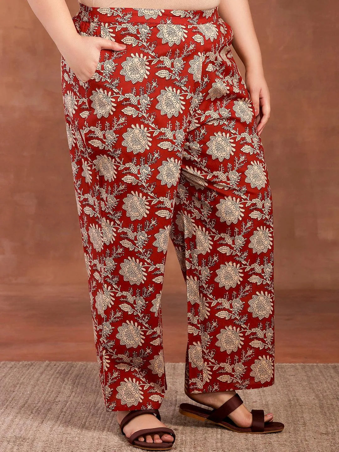 Plus Size Rust Printed Cotton A-Line Kurta With Palazzos - Libas 