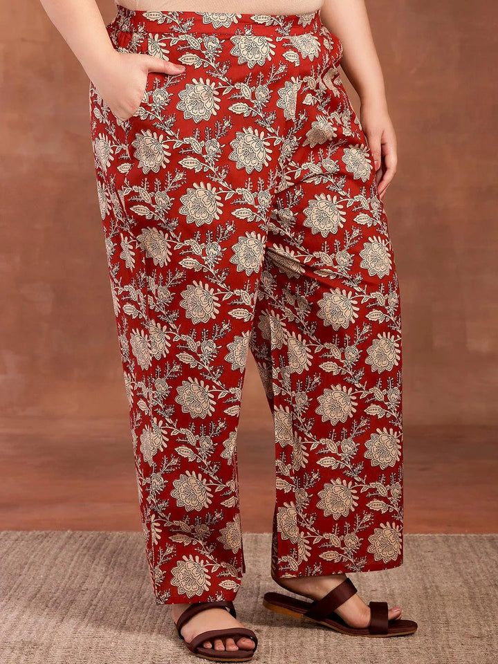 Plus Size Rust Printed Cotton A-Line Kurta With Palazzos - Libas