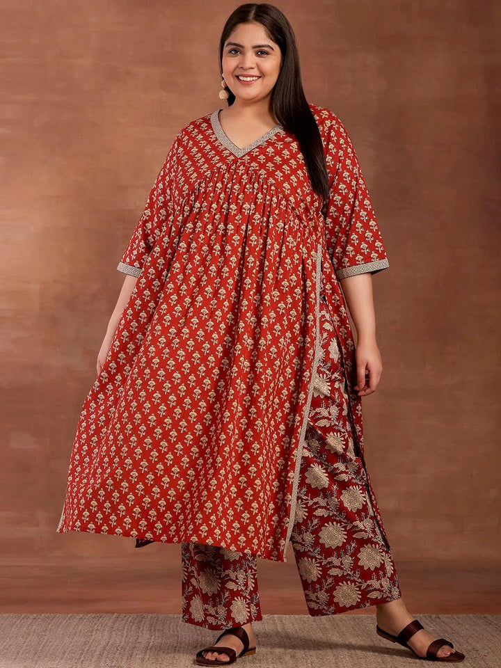 Plus Size Rust Printed Cotton A-Line Kurta With Palazzos - Libas