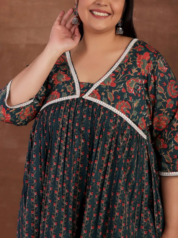 Plus Size Blue Printed Cotton A-Line Kurta With Palazzos - Libas