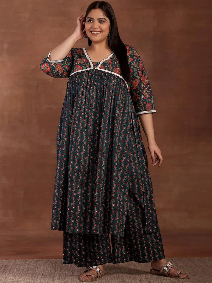 Plus Size Blue Printed Cotton A-Line Kurta With Palazzos - Libas