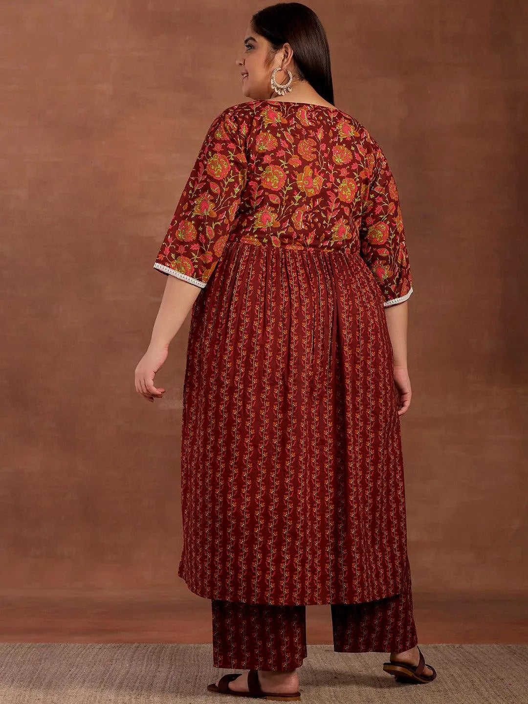 Plus Size Rust Printed Cotton A-Line Kurta With Palazzos - Libas 