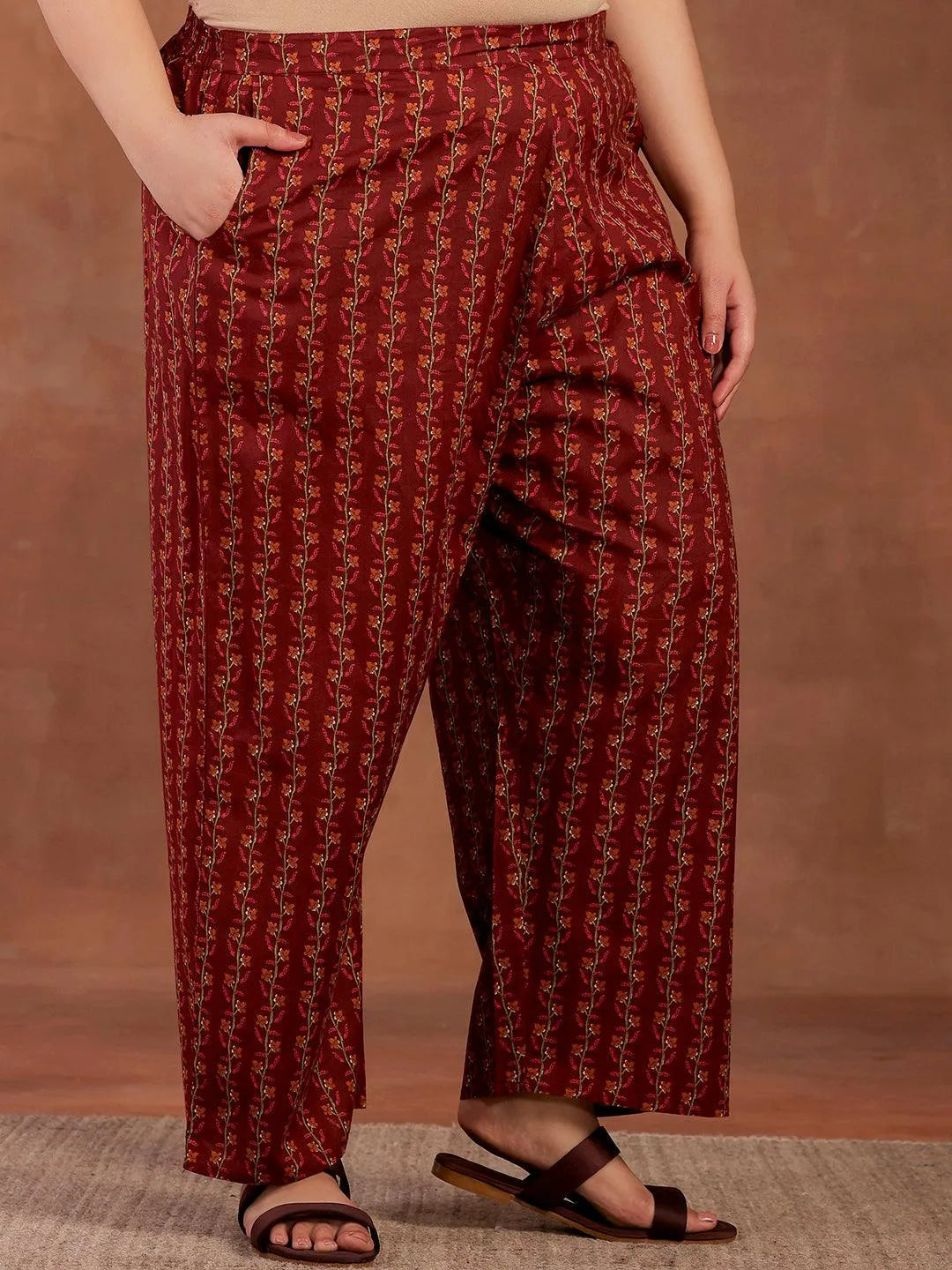 Plus Size Rust Printed Cotton A-Line Kurta With Palazzos - Libas 