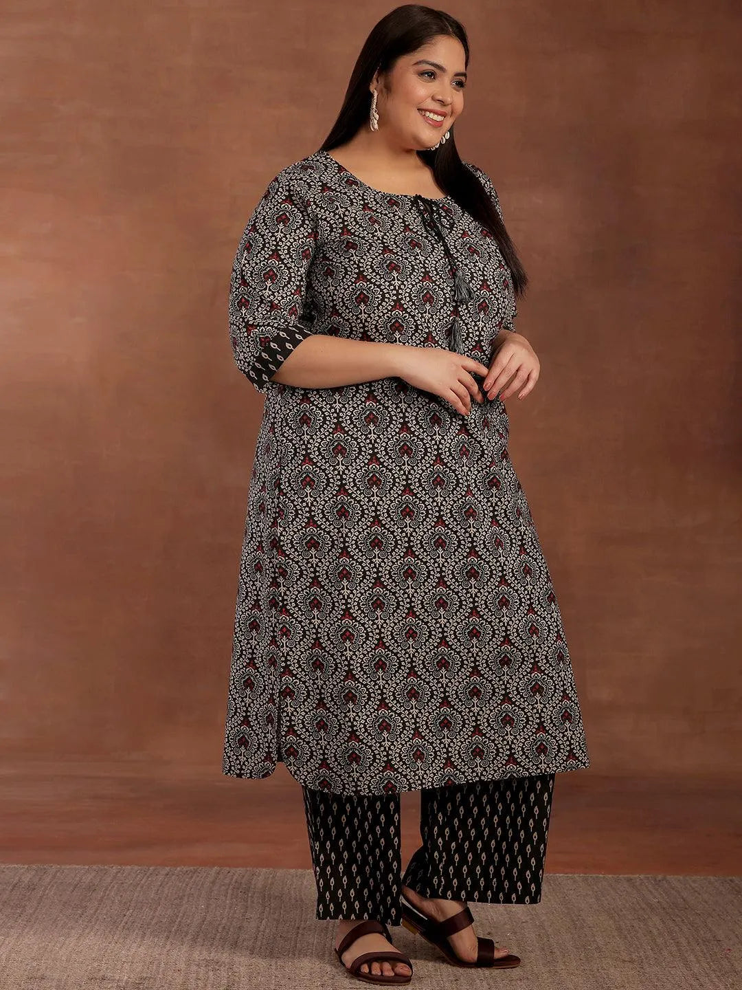 Plus Size Black Printed Cotton Straight Kurta With Palazzos - Libas 