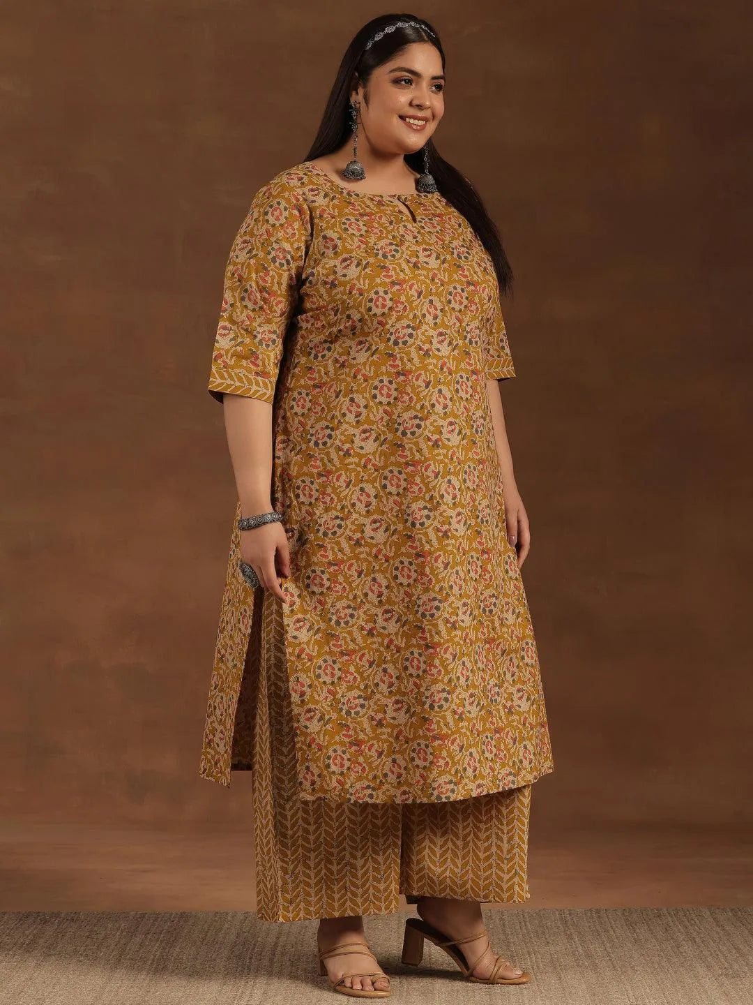 Plus Size Mustard Printed Cotton Straight Kurta Set - Libas 