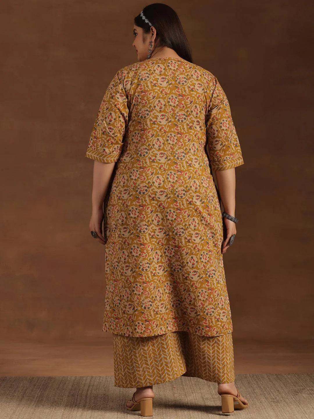 Plus Size Mustard Printed Cotton Straight Kurta Set - Libas 