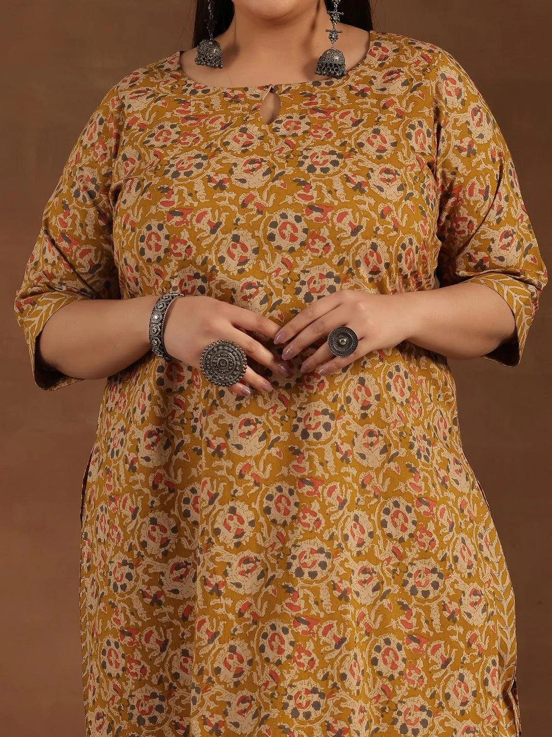 Plus Size Mustard Printed Cotton Straight Kurta Set - Libas 