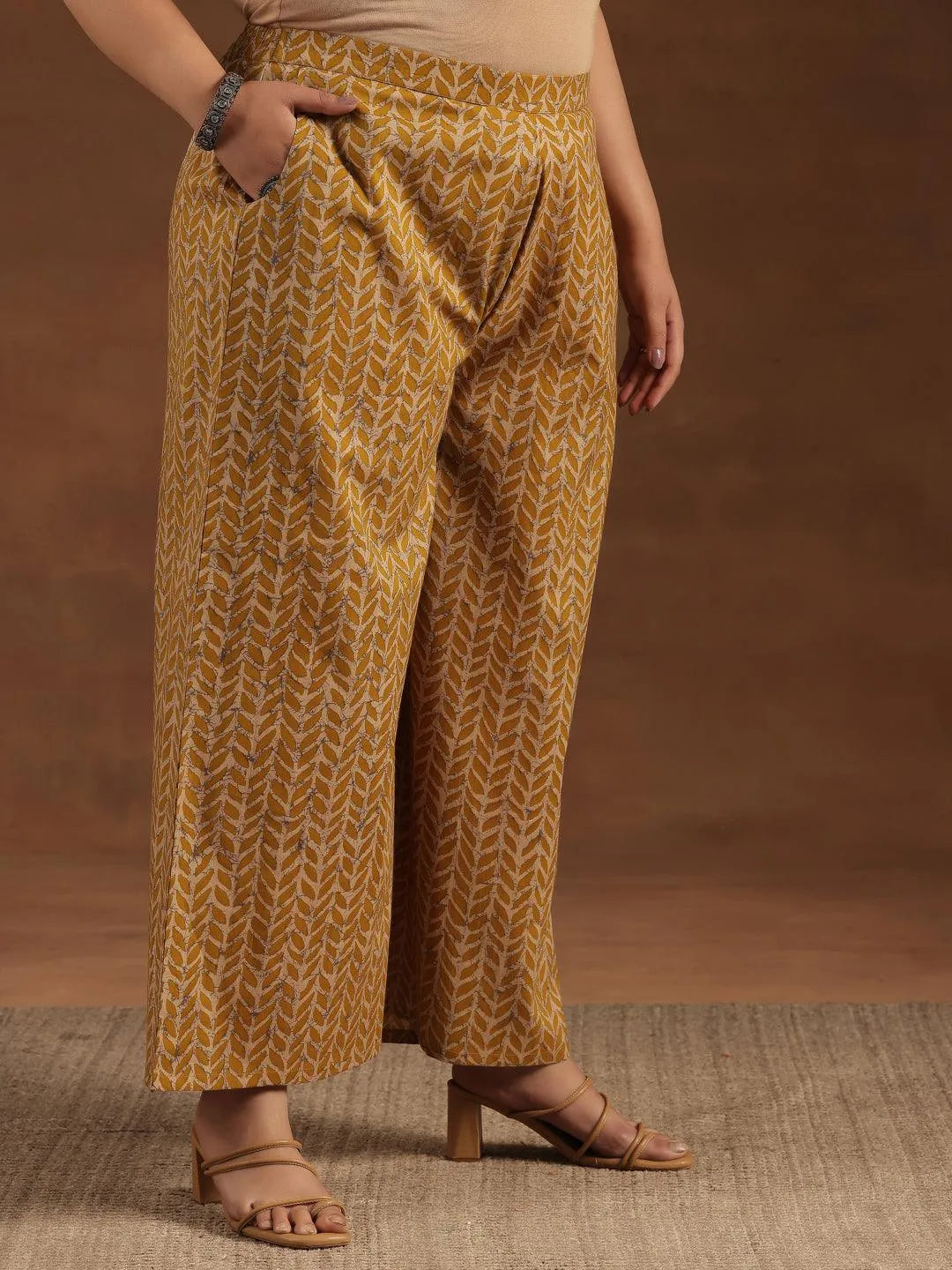 Plus Size Mustard Printed Cotton Straight Kurta Set - Libas 