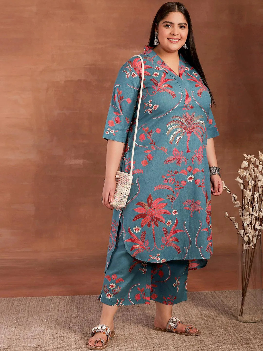 Plus Size Blue Printed Cotton Co-Ords - Libas