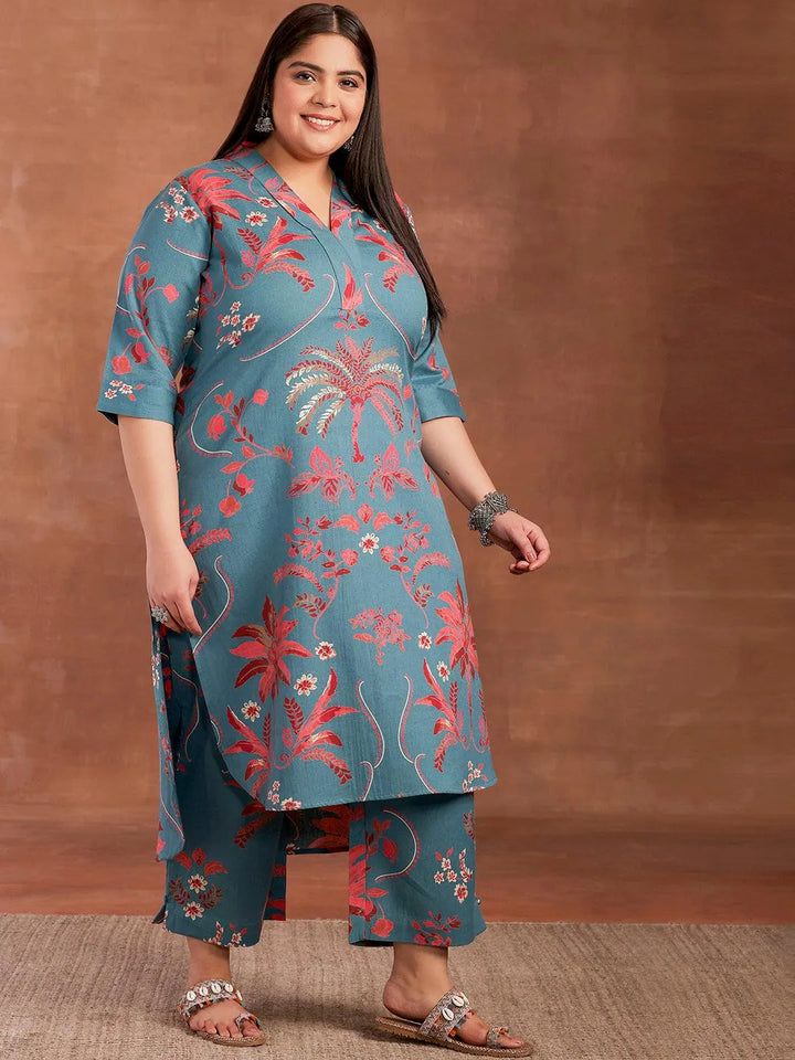Plus Size Blue Printed Cotton Co-Ords - Libas
