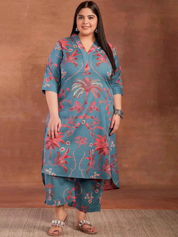 Plus Size Blue Printed Cotton Co-Ords - Libas