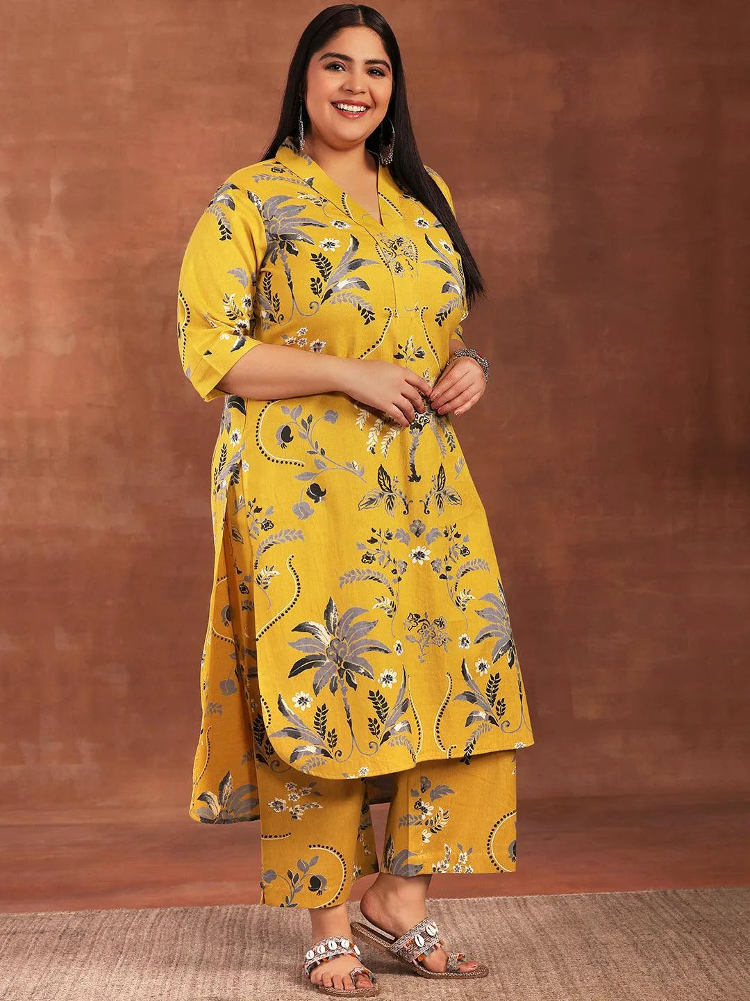 Plus Size Mustard Printed Cotton Co-Ords - Libas 