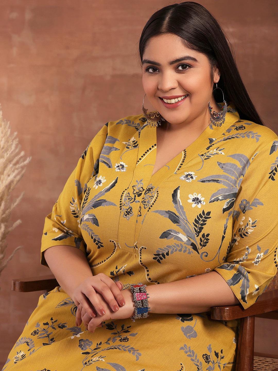 Plus Size Mustard Printed Cotton Co-Ords