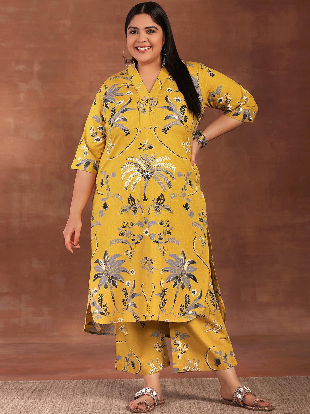 Plus Size Mustard Printed Cotton Co-Ords - Libas