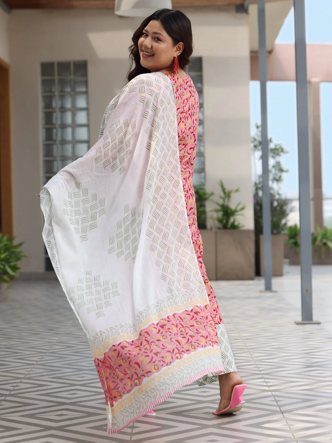  Plus Size Peach Printed Cotton Straight Suit With Dupatta 