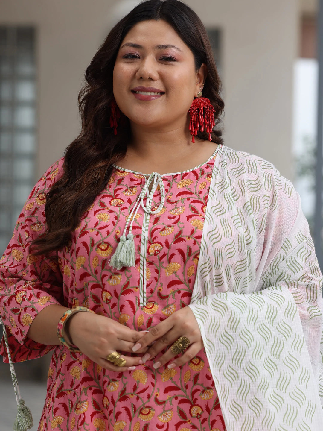  Plus Size Peach Printed Cotton Straight Suit With Dupatta 