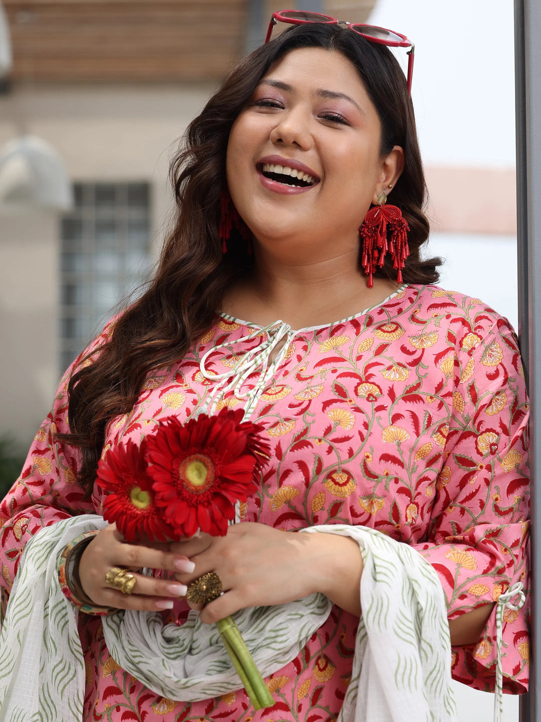  Plus Size Peach Printed Cotton Straight Suit With Dupatta 
