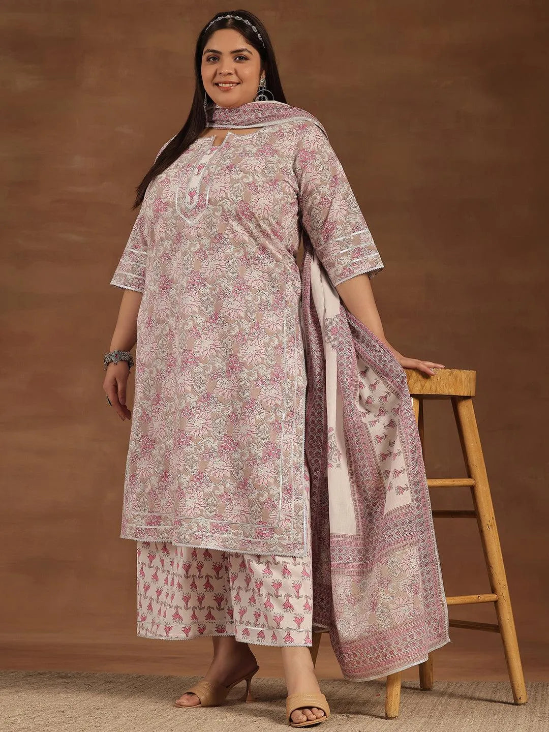 Plus Size Pink Printed Cotton Straight Suit With Dupatta - Libas
