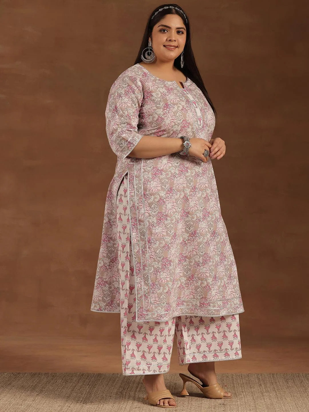 Plus Size Pink Printed Cotton Straight Suit With Dupatta - Libas 