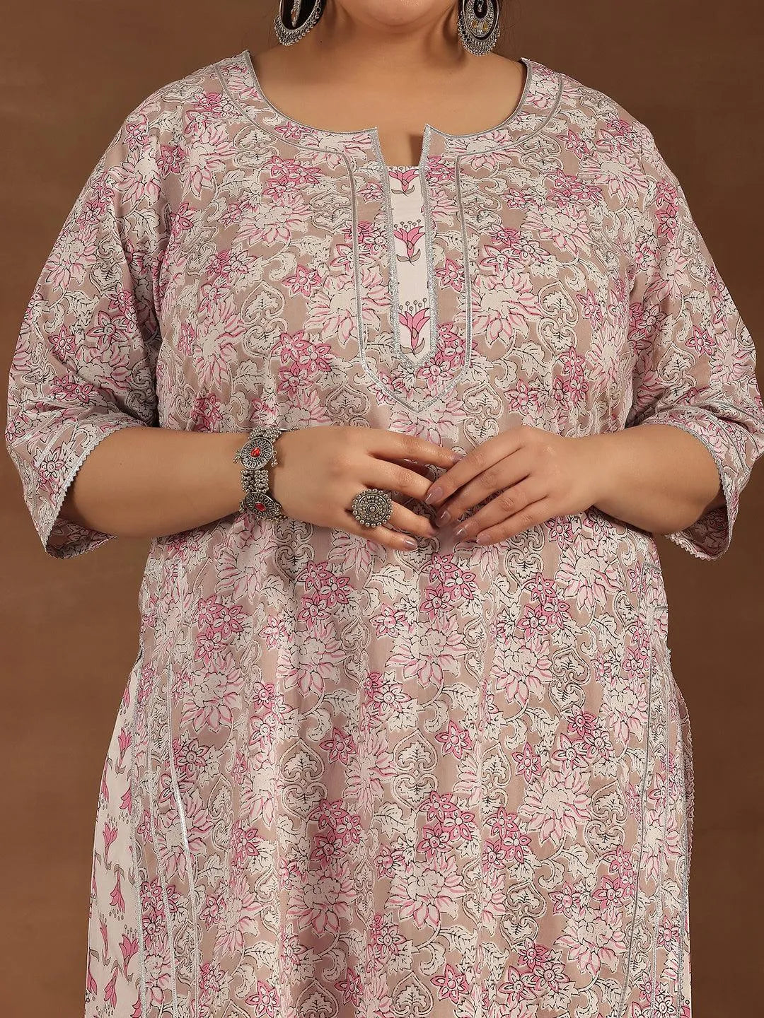 Plus Size Pink Printed Cotton Straight Suit With Dupatta - Libas 