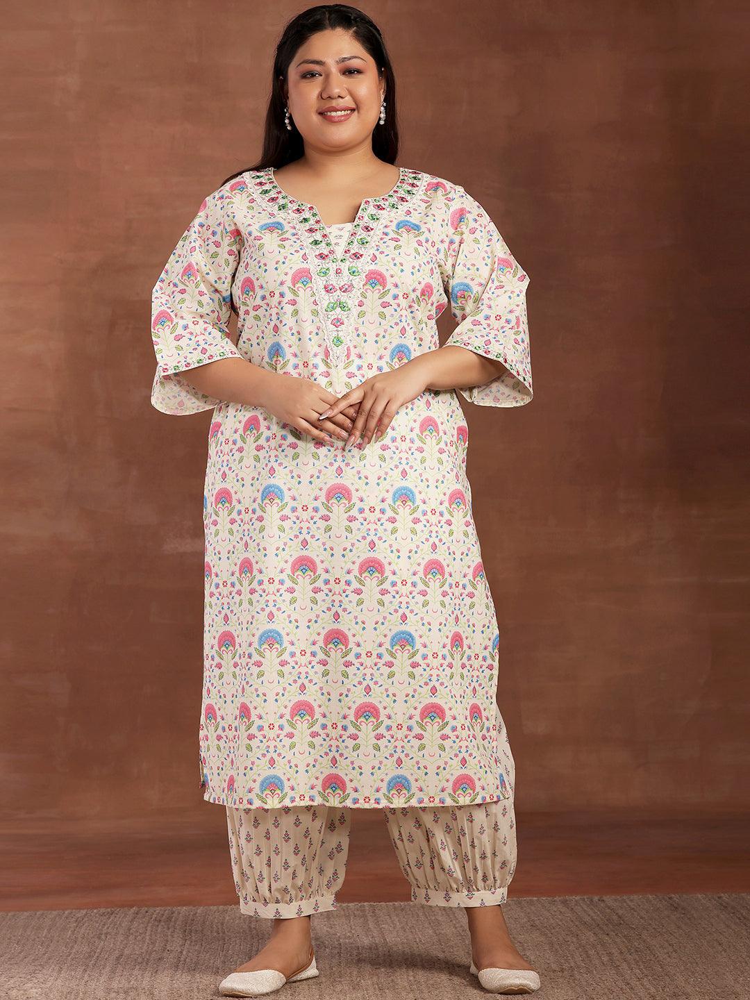 Plus Size Off White Printed Cotton Straight Kurta With Salwar