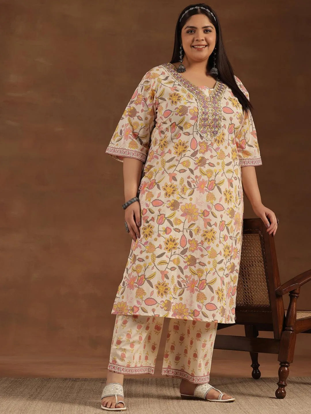 Plus Size Off White Printed Cotton Straight Kurta Set - Libas 