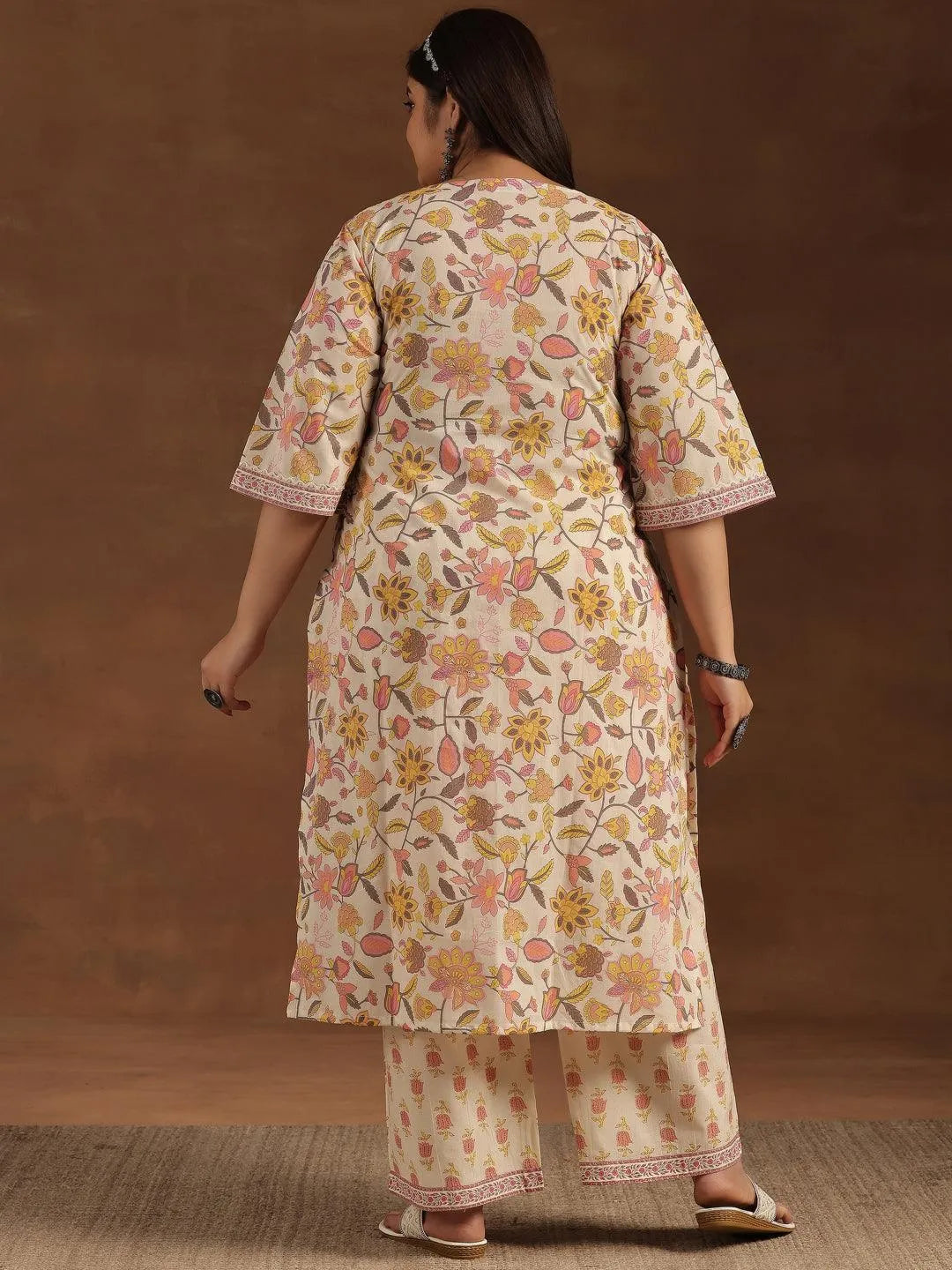 Plus Size Off White Printed Cotton Straight Kurta Set - Libas 