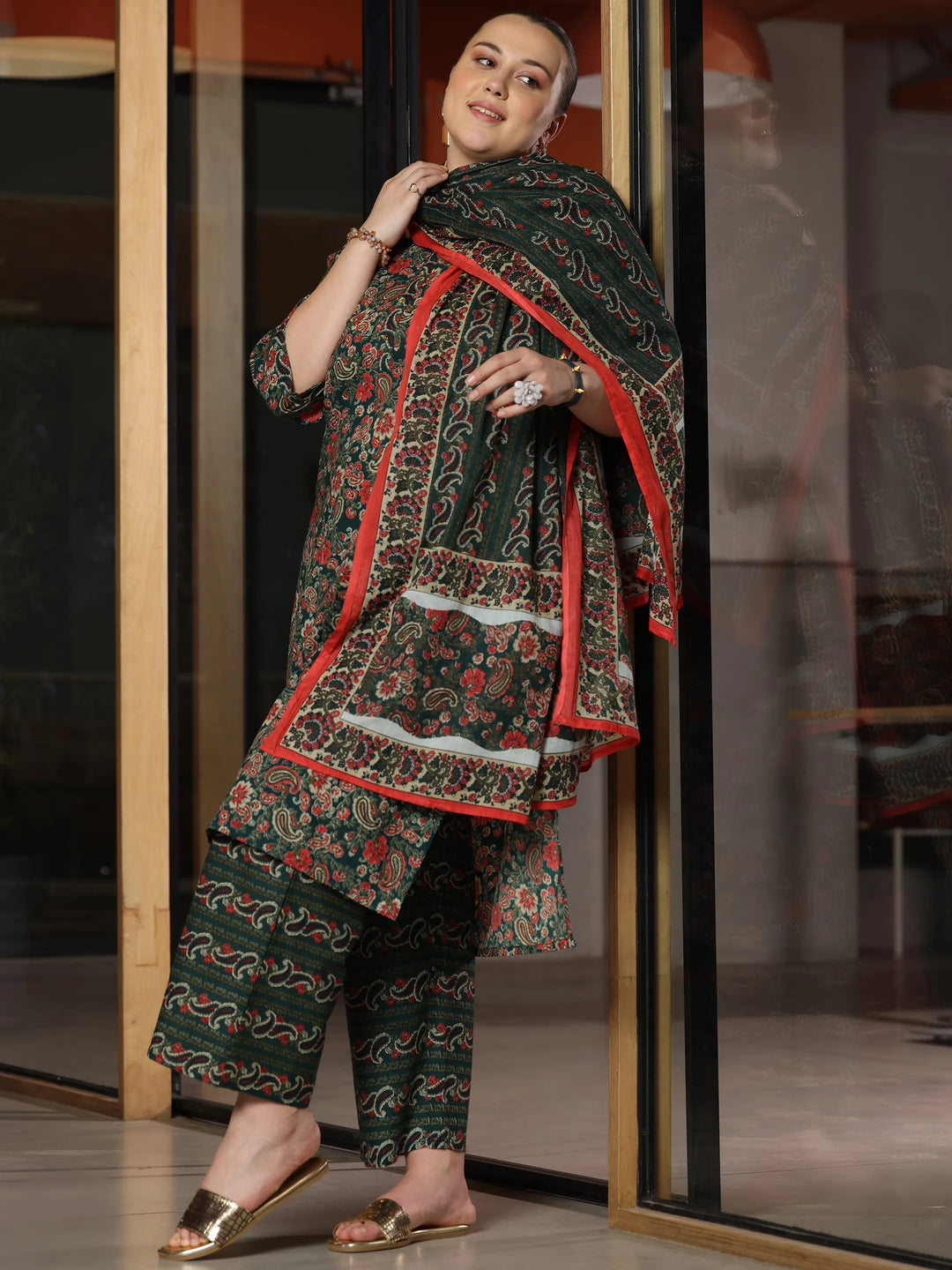  Plus Size Green Printed Cotton Straight Suit With Dupatta 
