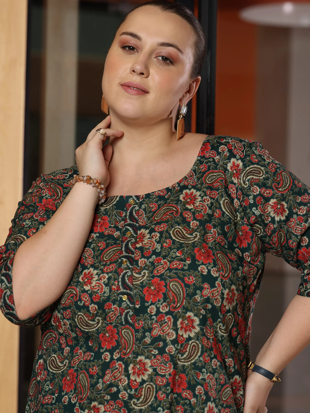  Plus Size Green Printed Cotton Straight Suit With Dupatta 