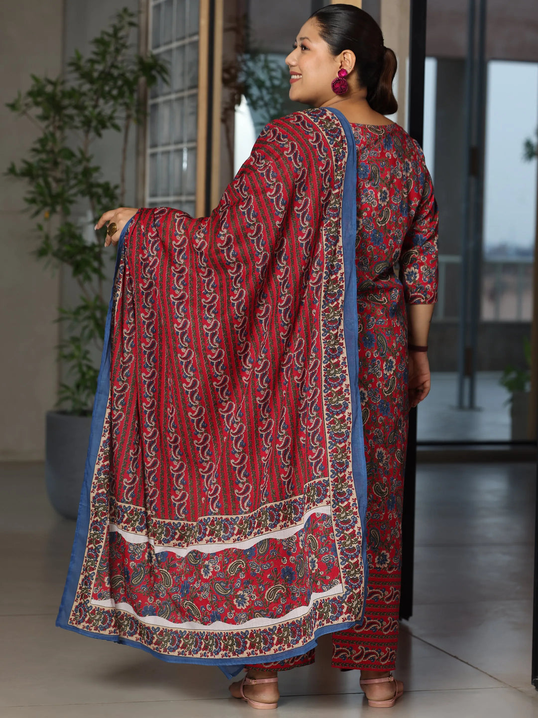  Plus Size Red Printed Cotton Straight Suit With Dupatta 