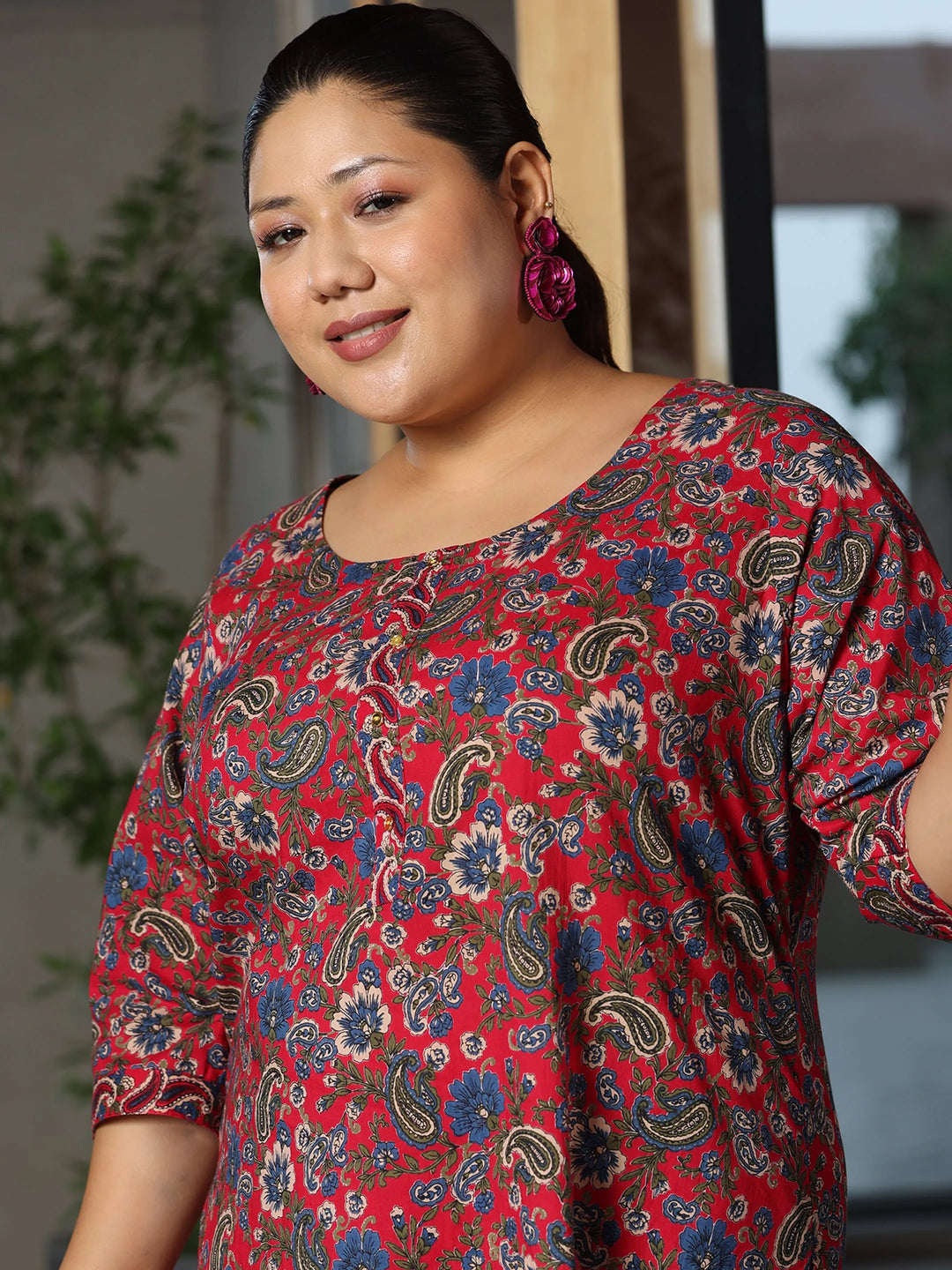  Plus Size Red Printed Cotton Straight Suit With Dupatta 