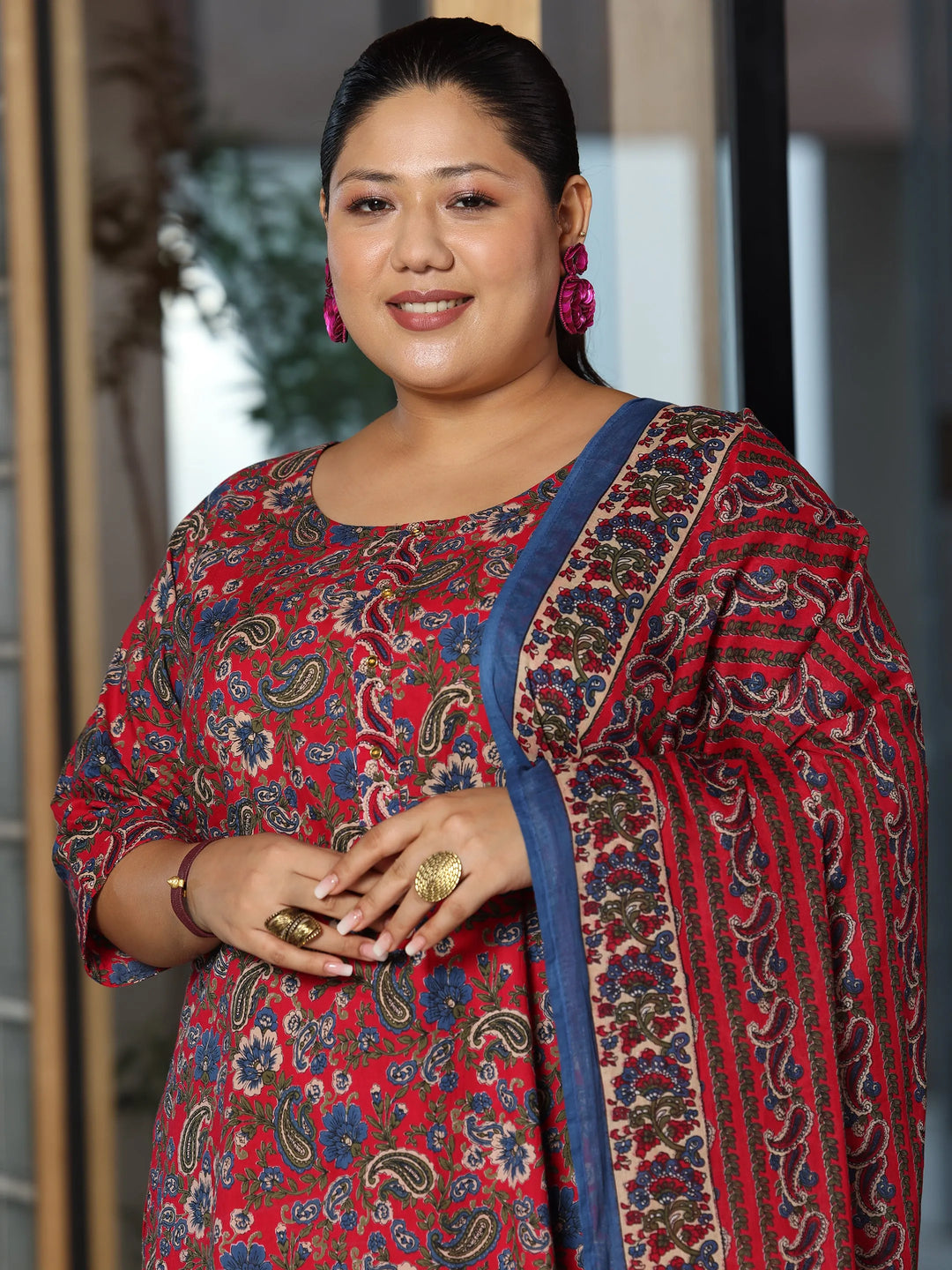  Plus Size Red Printed Cotton Straight Suit With Dupatta 