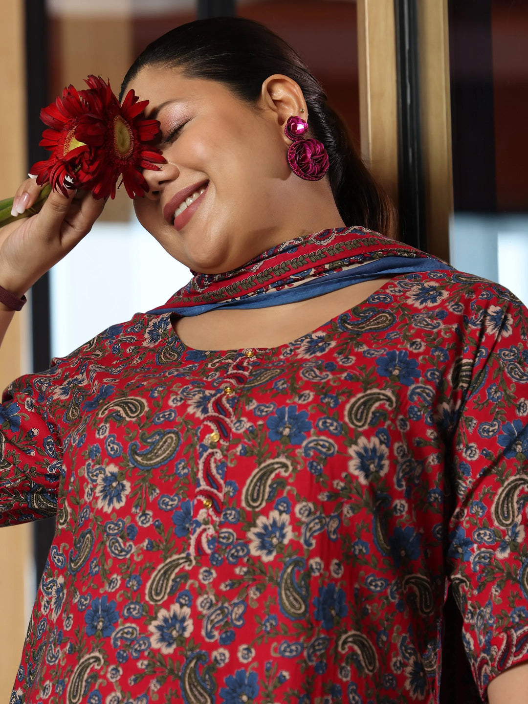  Plus Size Red Printed Cotton Straight Suit With Dupatta 