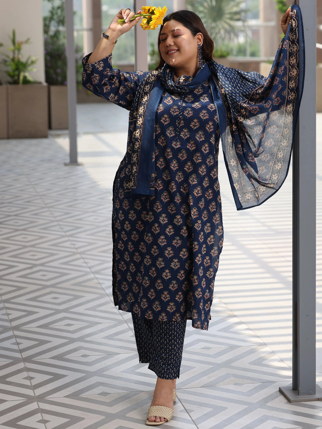  Plus Size Blue Printed Cotton Straight Suit With Dupatta 