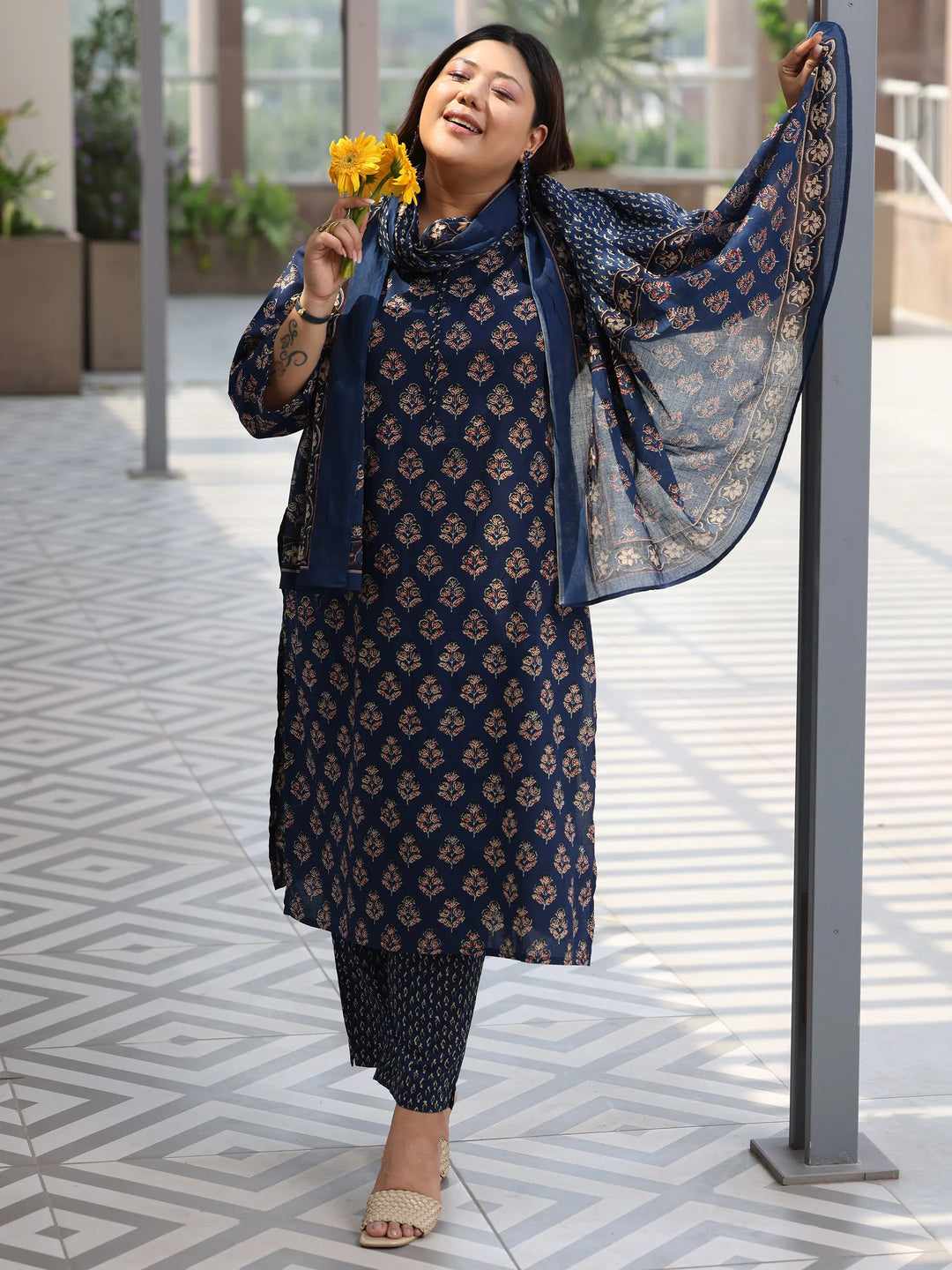  Plus Size Blue Printed Cotton Straight Suit With Dupatta 