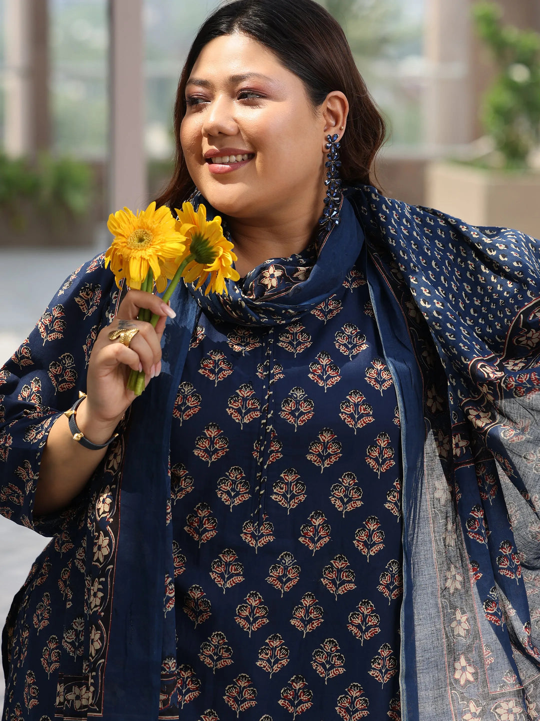  Plus Size Blue Printed Cotton Straight Suit With Dupatta 