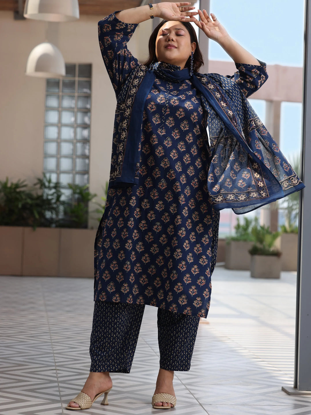  Plus Size Blue Printed Cotton Straight Suit With Dupatta 