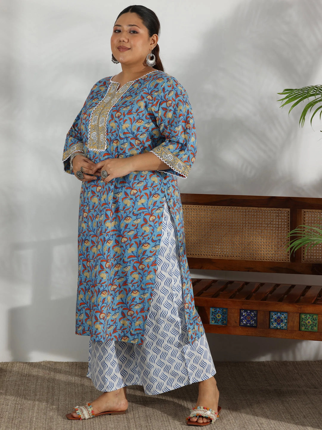  Plus Size Blue Printed Cotton Straight Suit With Dupatta 