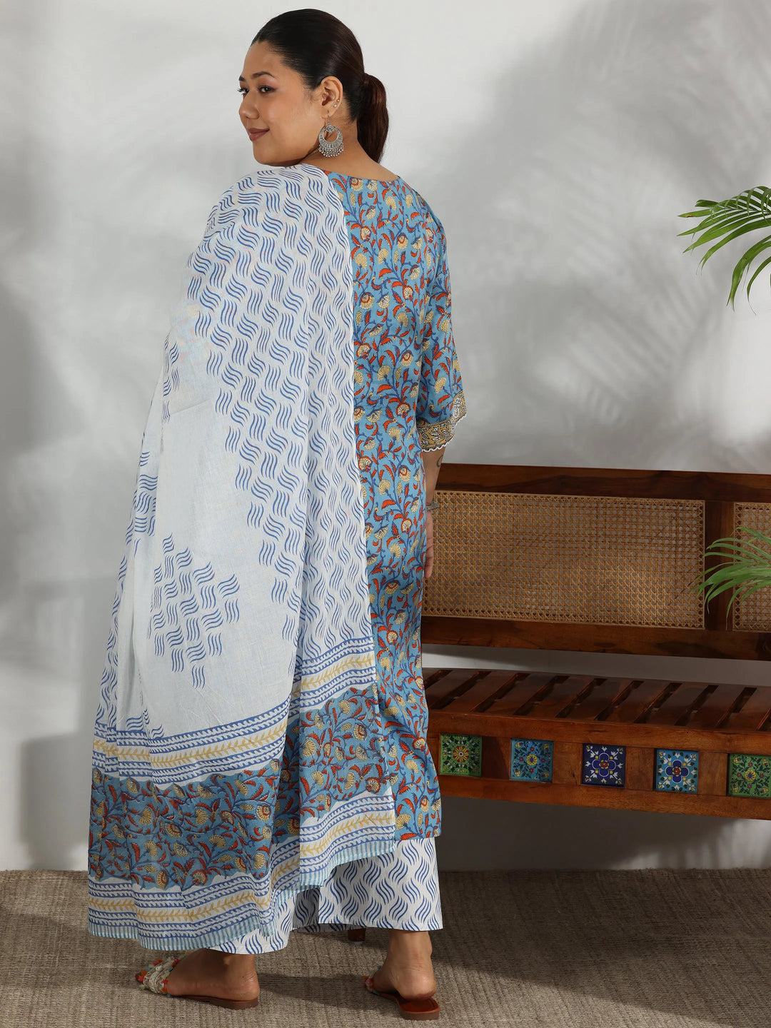  Plus Size Blue Printed Cotton Straight Suit With Dupatta 