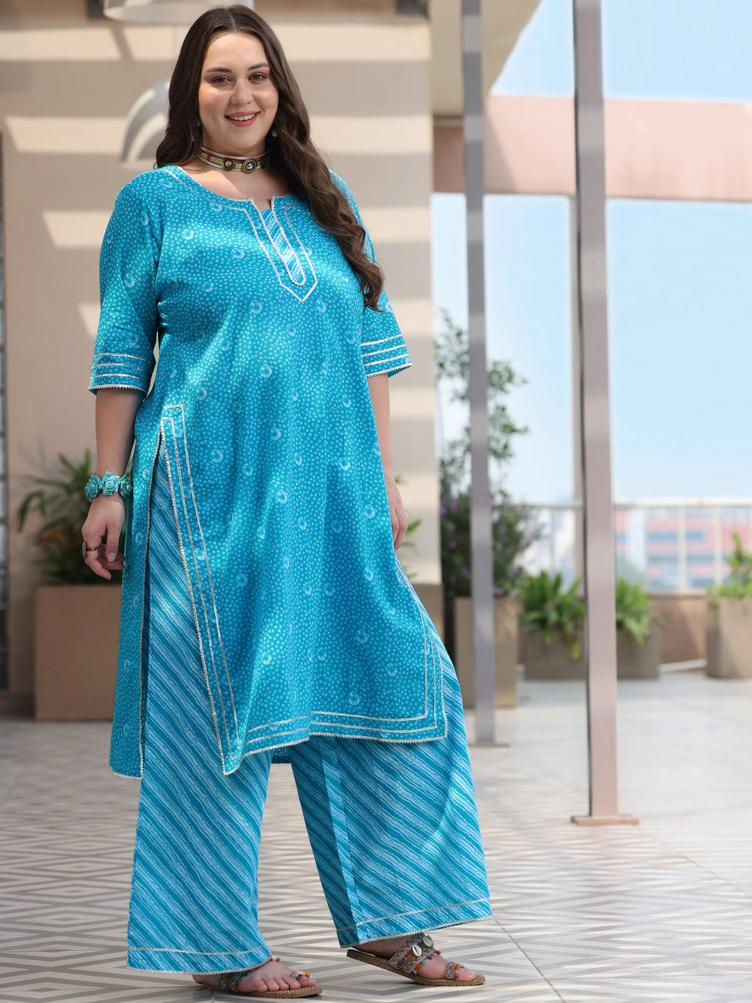  Plus Size Blue Printed Cotton Straight Suit With Dupatta 