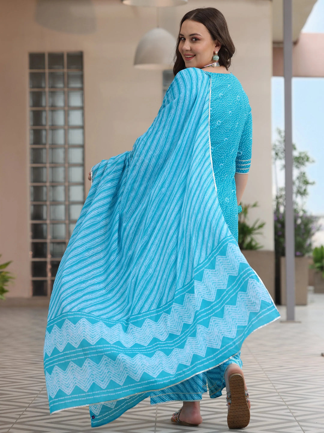  Plus Size Blue Printed Cotton Straight Suit With Dupatta 