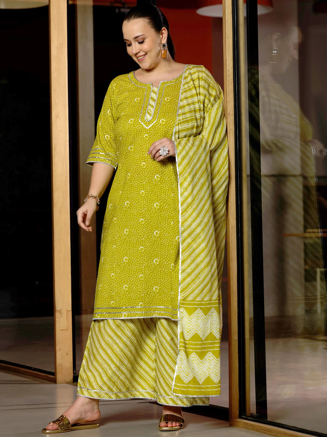  Plus Size Olive Printed Cotton Straight Suit With Dupatta 
