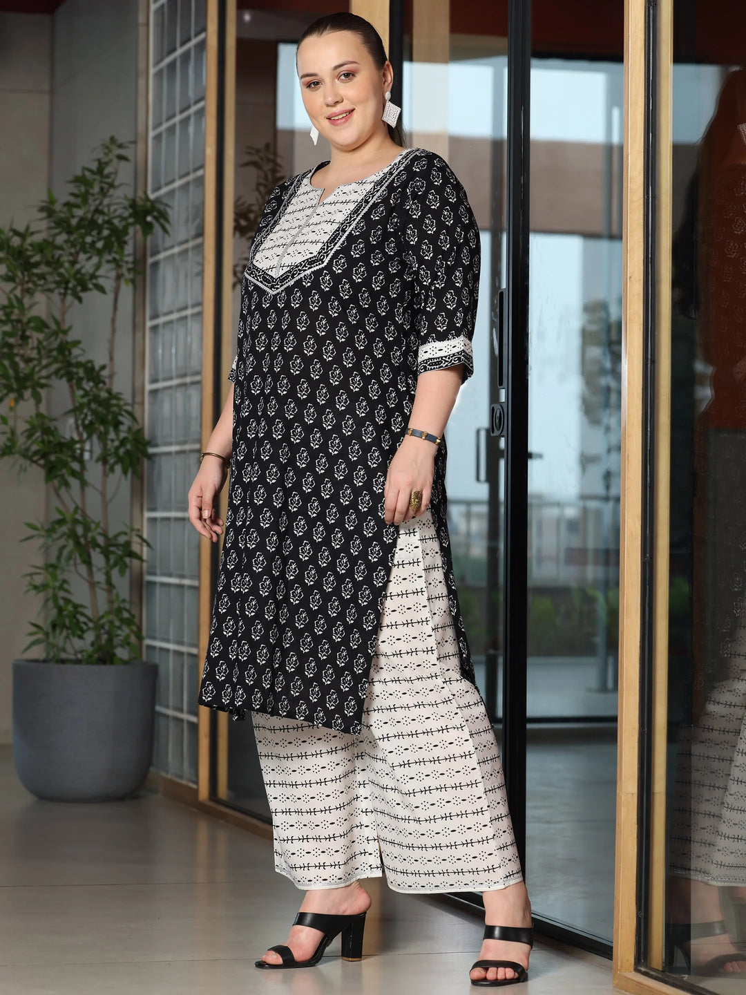  Plus Size Black Printed Cotton Straight Suit With Dupatta 