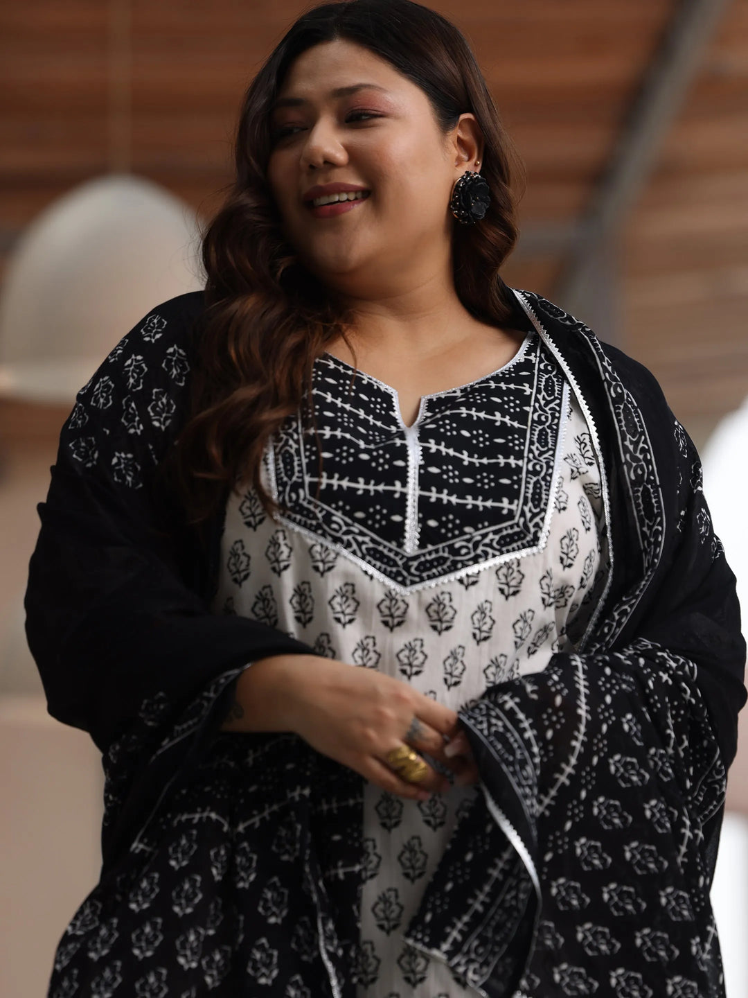  Plus Size Off White Printed Cotton Straight Suit With Dupatta 