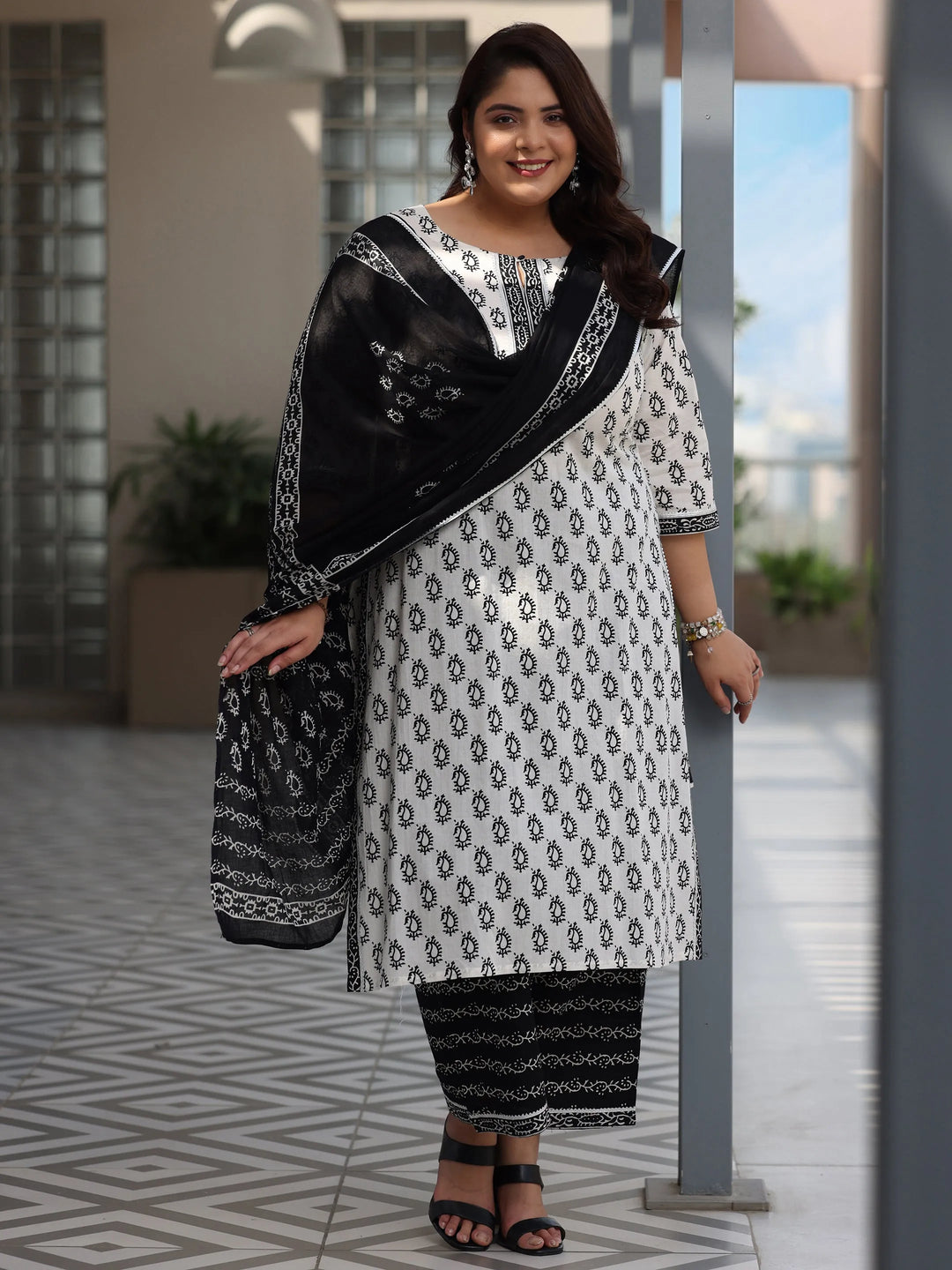  Plus Size Off White Printed Cotton Straight Suit With Dupatta 
