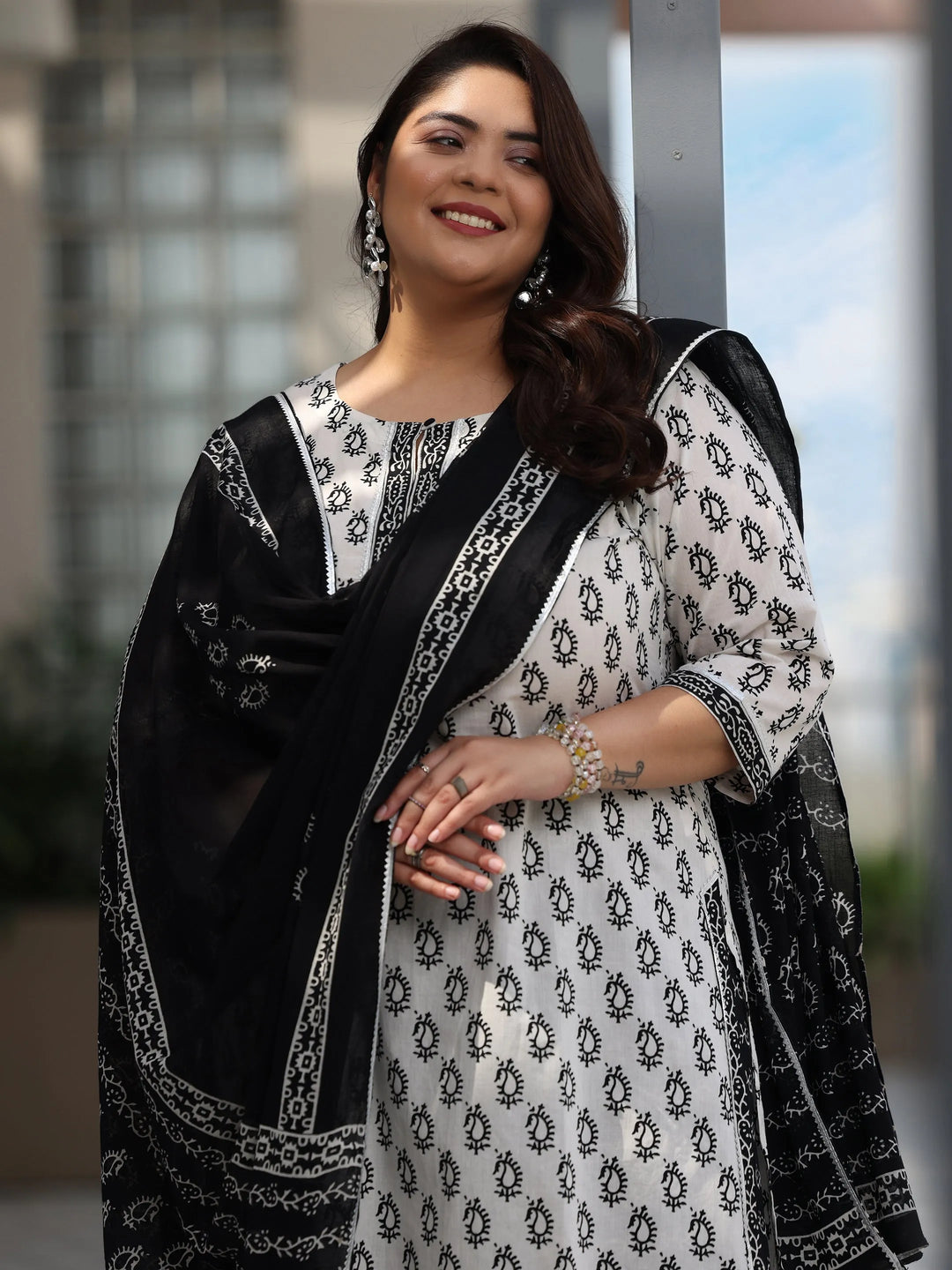  Plus Size Off White Printed Cotton Straight Suit With Dupatta 